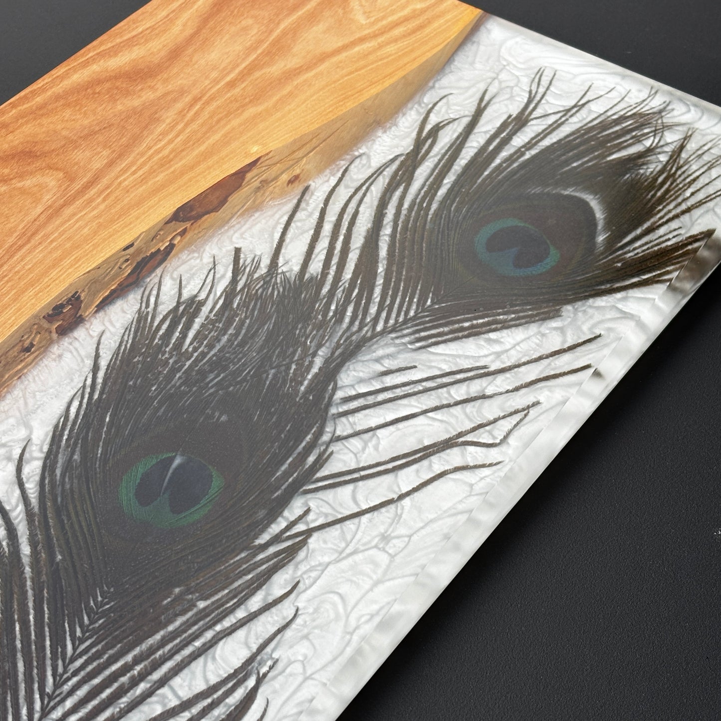 Olive Wood Elegance Serving Board with Peacock Feathers image 2