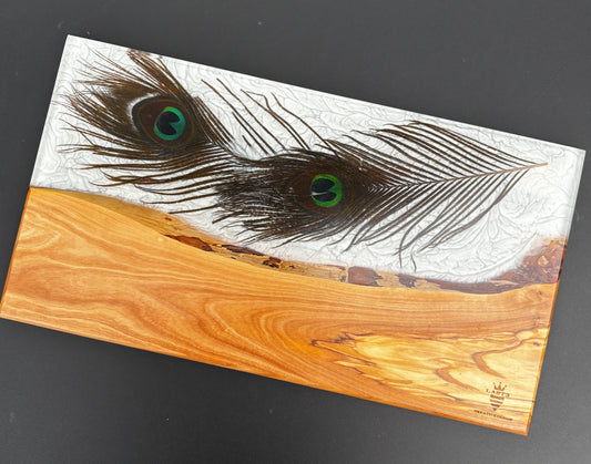 Olive Wood Elegance Serving Board with Peacock Feathers image 0